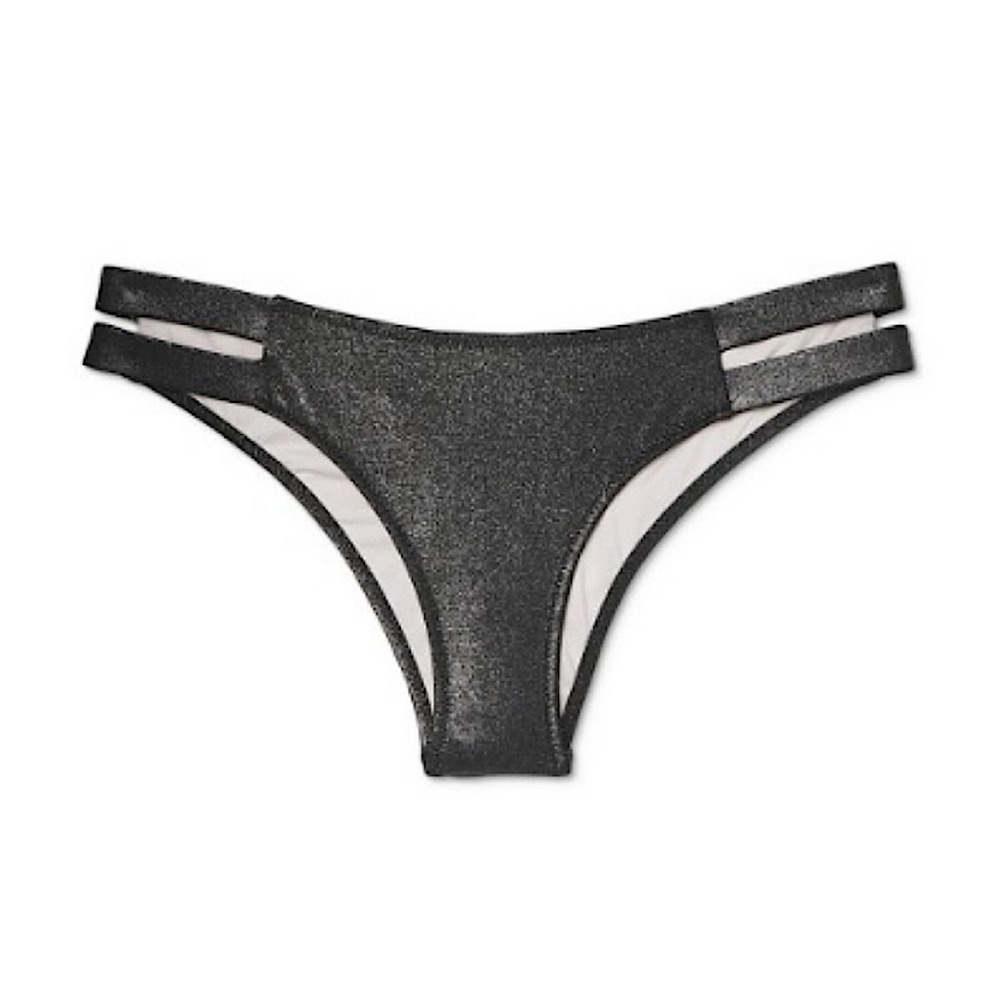 Shade & Shore Metallic Shimmer Black Dark Charcoal Strappy Cheeky Swim Bottoms